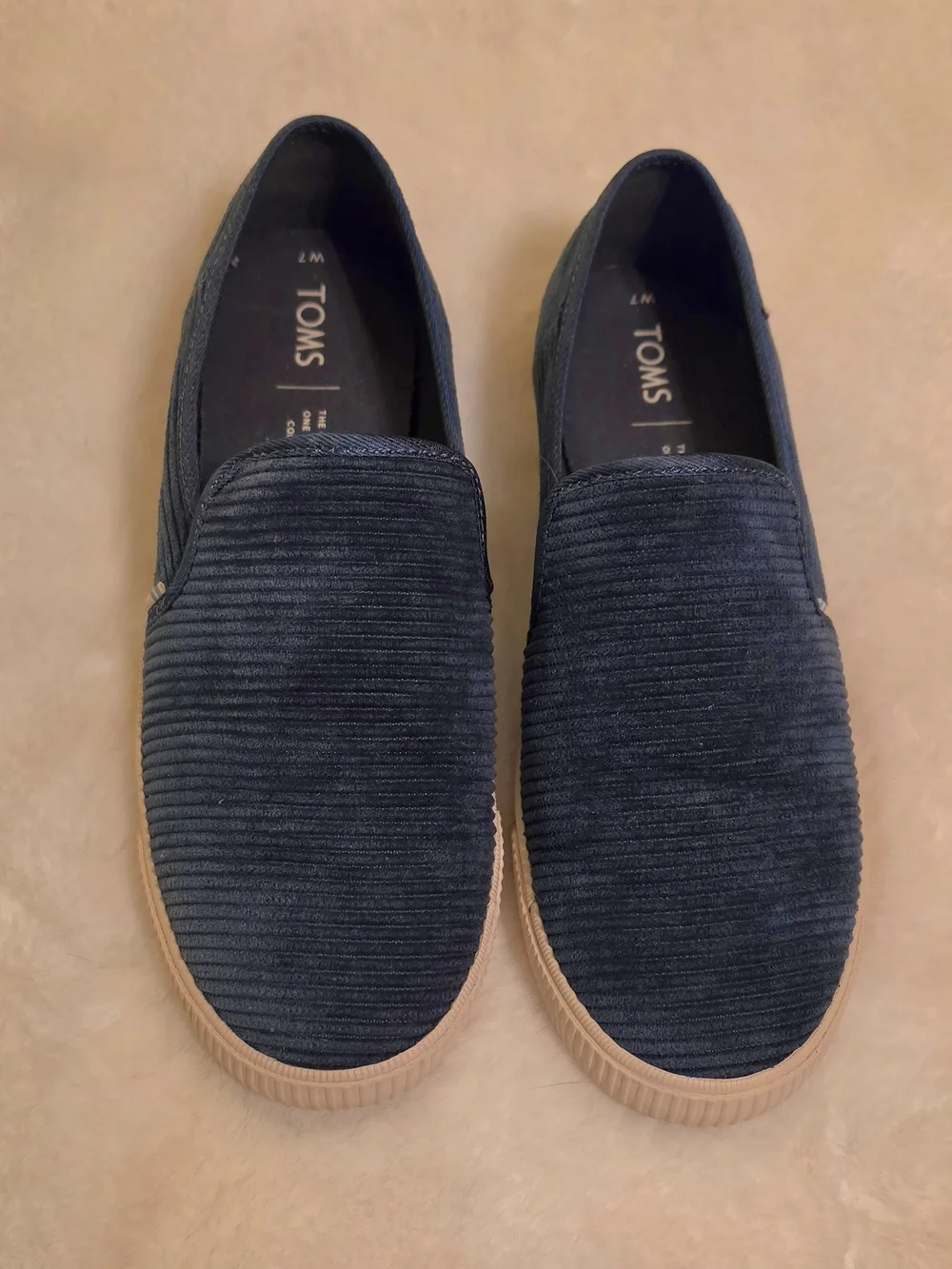 Toms Navy Blue Corduroy Slip-On Loafers with White Outsole